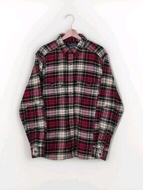 Woolrich Oxbow Bend Shirt Mens L Red Cream Plaid LS Heavyweight Cotton Flannel